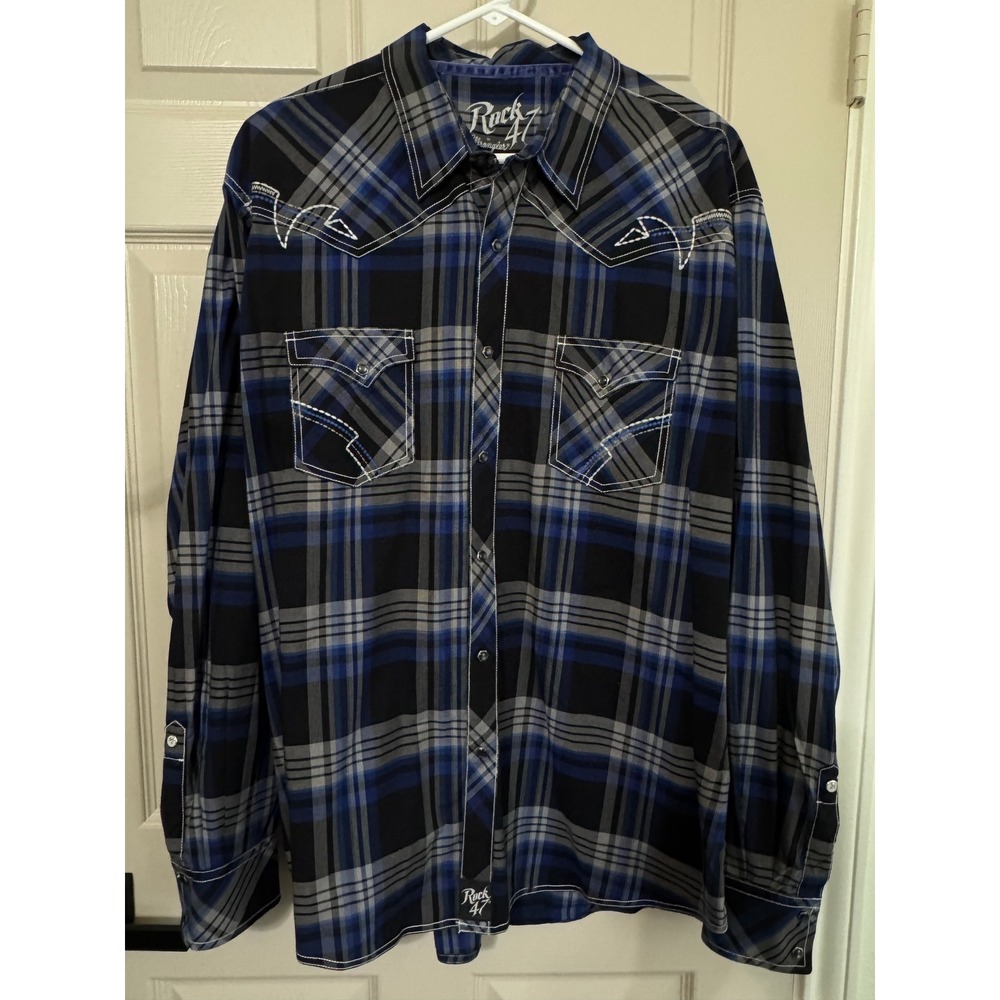 Wrangler Rock 47 Western Shirt Mens XXL Blue Plaid Pearl‎ Snap Embroidered Yoke